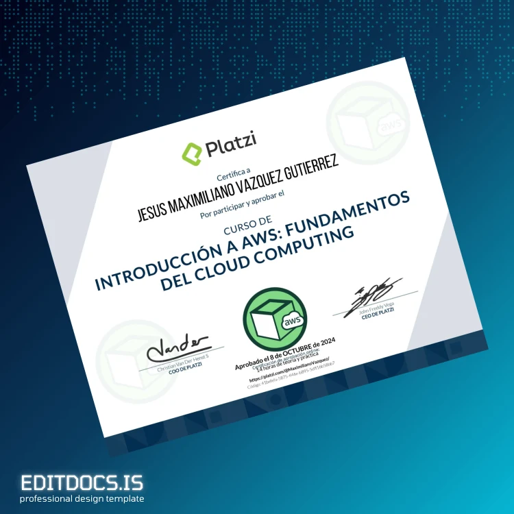 Editable USA Platzi Introduction to AWS Cloud Computing Certificate Page Preview - EditDocs