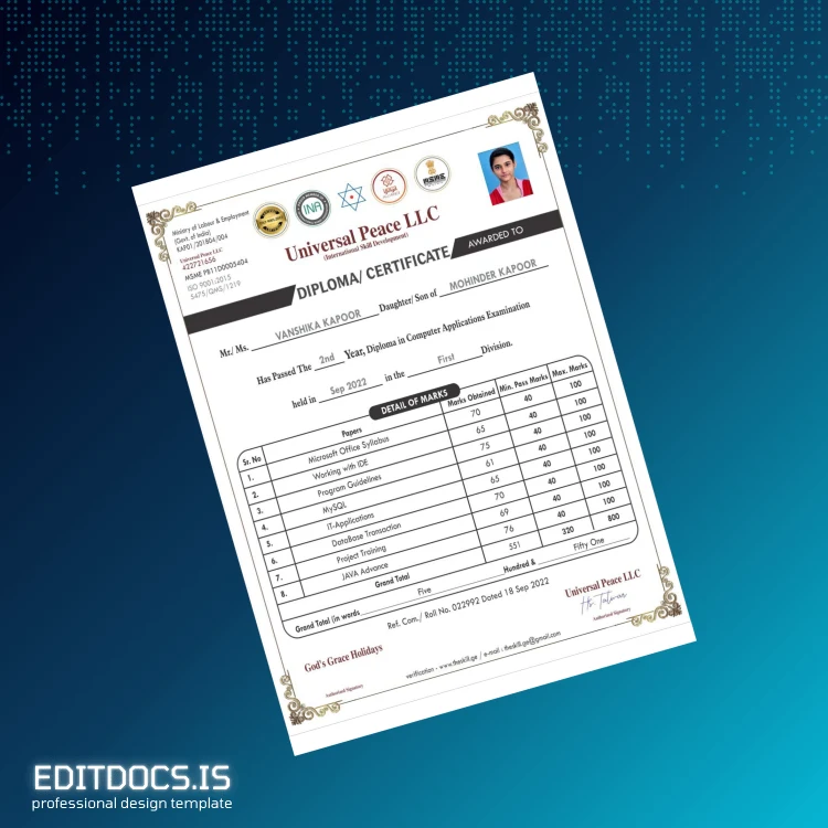 Editable USA Universal Peace LLC Diploma in Computer Applications page 2 Page Preview - EditDocs