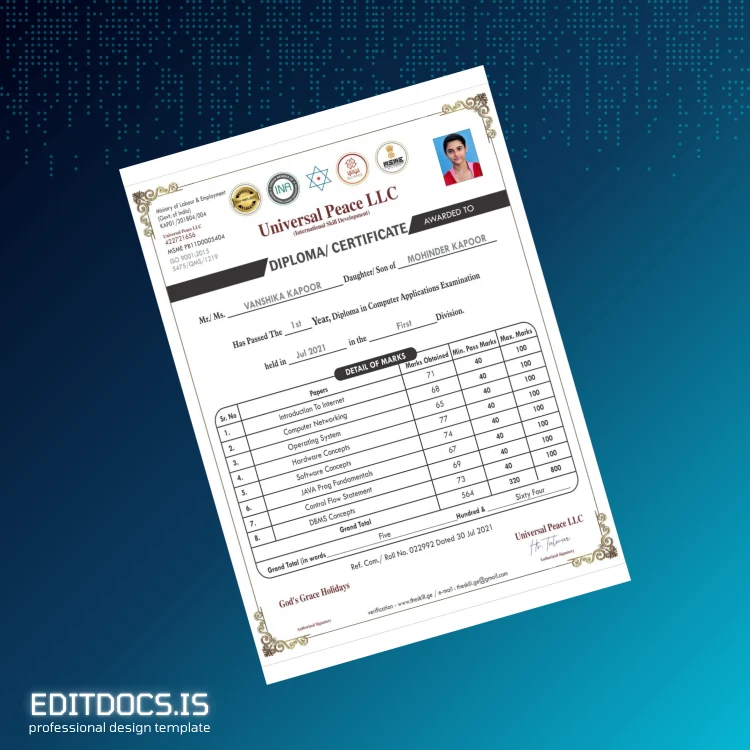 Editable USA Universal Peace LLC Diploma in Computer Applications Page Preview - EditDocs
