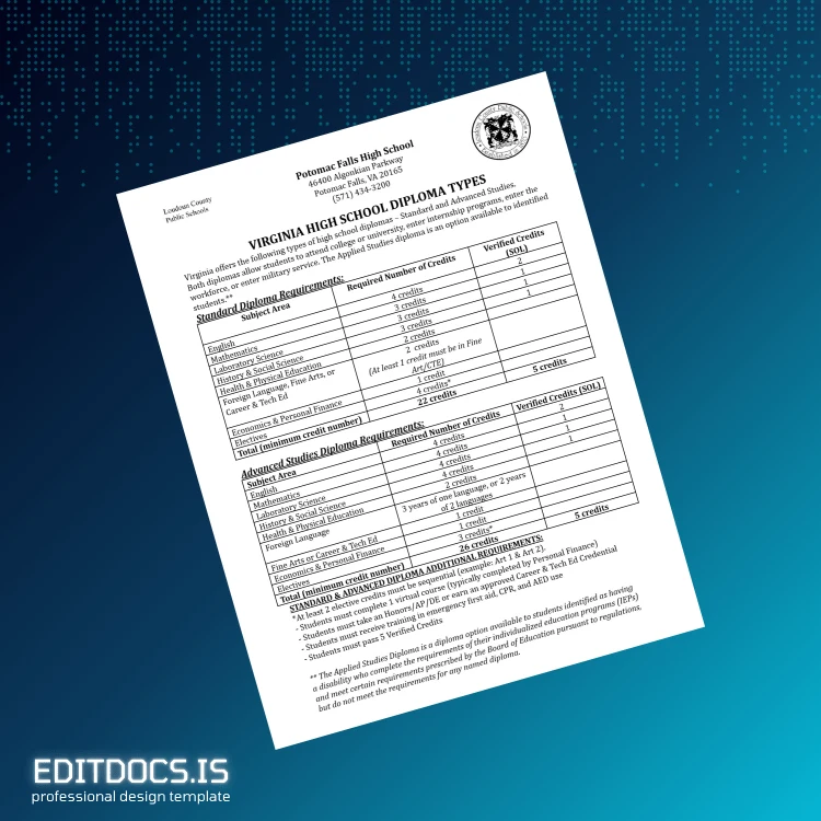 Editable USA Virginia High School Diploma Template Page Preview - EditDocs