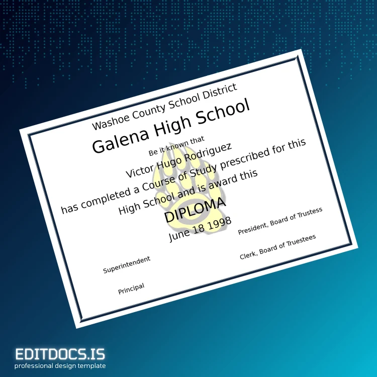 Editable USA Washoe County School District Galena High School High School Diploma Page Preview - EditDocs