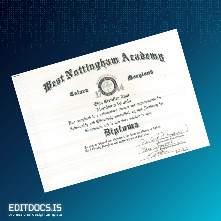 Editable USA West Nottingham Academy High School Diploma Template Page Preview - EditDocs