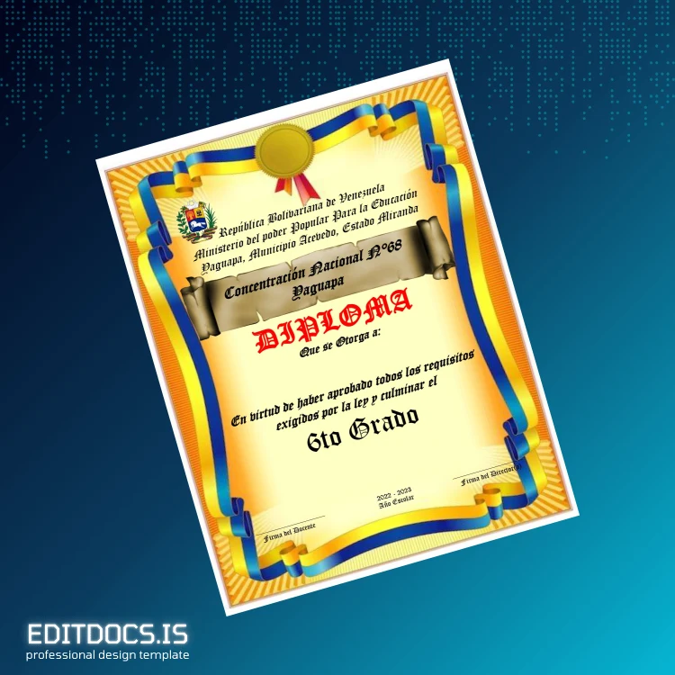 Editable Venezuela Concentración Nacional N°68 6th Grade Diploma Page Preview - EditDocs