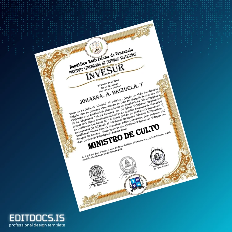 Editable Venezuela Instituto Venezolano de Estudios Superiores Minister of Worship Certificate Page Preview - EditDocs