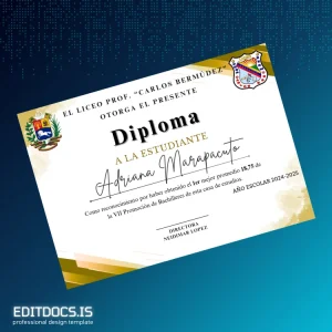 Editable Venezuela Prof. Carlos Bermúdez High School Diploma Template Page Preview - EditDocs