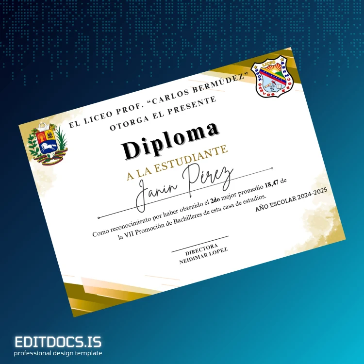 Editable Venezuela Prof. Carlos Bermúdez High School Diploma Template page 2 Page Preview - EditDocs