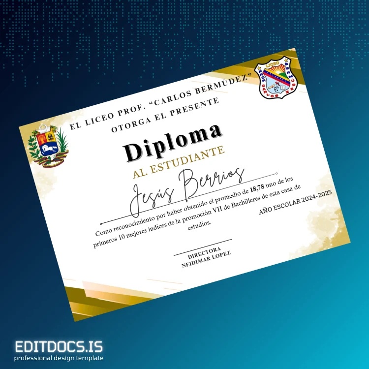 Editable Venezuela Prof. Carlos Bermúdez High School Diploma Template page 6 Page Preview - EditDocs