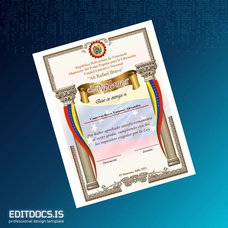 Editable Venezuela Unidad Educativa Nacional 'Ali Rafael Bravo' Diploma Page Preview - EditDocs
