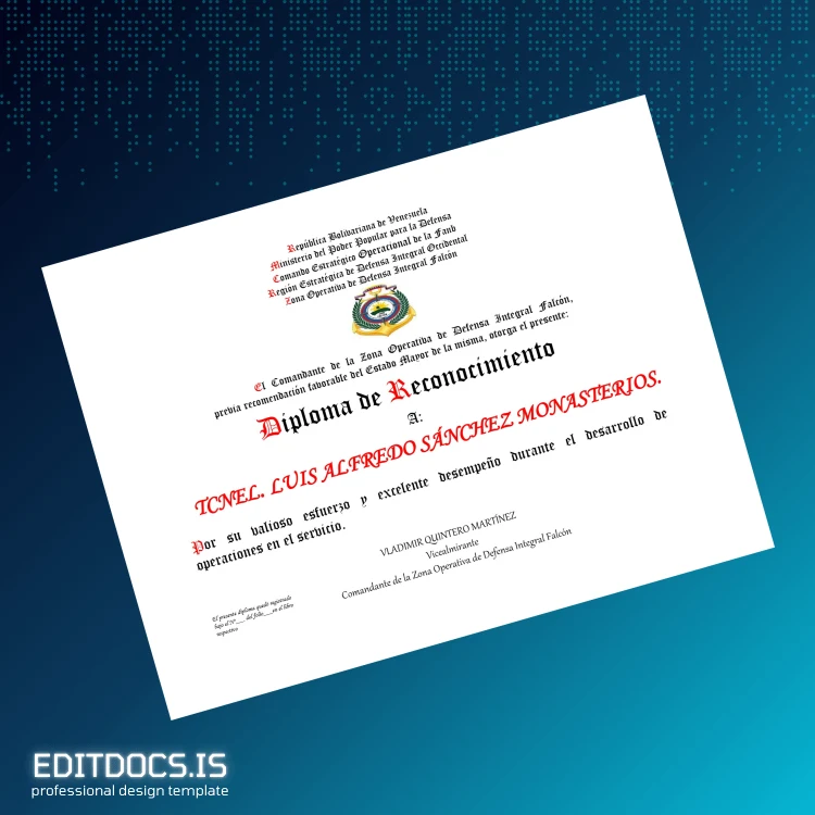 Editable Venezuela Zona Operativa de Defensa Integral Falcón Diploma of Recognition Template page 2 Page Preview - EditDocs