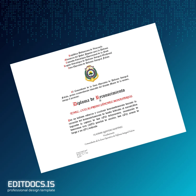 Editable Venezuela Zona Operativa de Defensa Integral Falcón Diploma of Recognition Template page 3 Page Preview - EditDocs