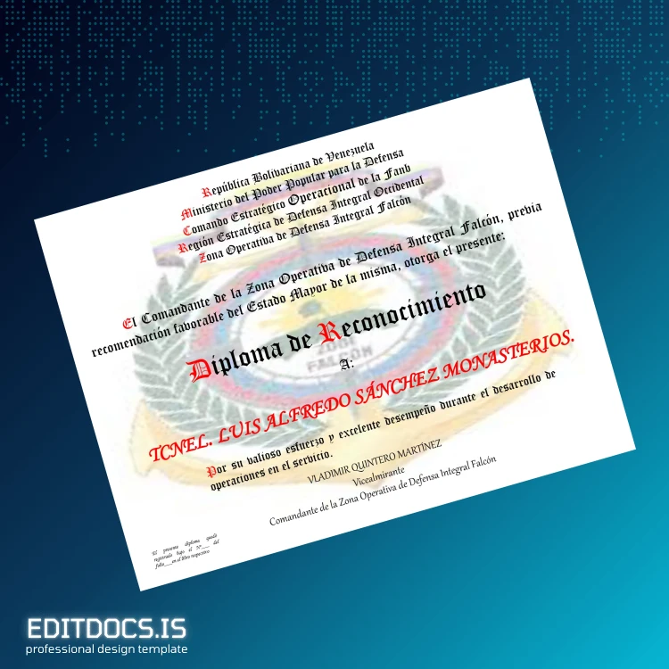 Editable Venezuela Zona Operativa de Defensa Integral Falcón Diploma of Recognition Page Preview - EditDocs